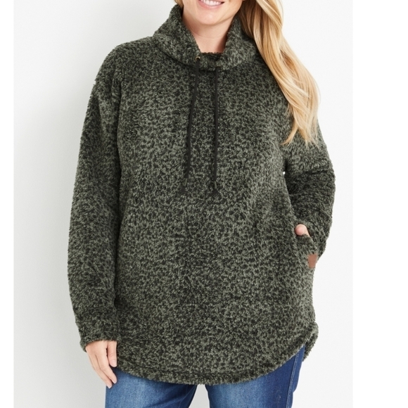 Maurices Green and Black Leopard Print Cowl Neck Sherpa Pullover - Picture 1 of 14